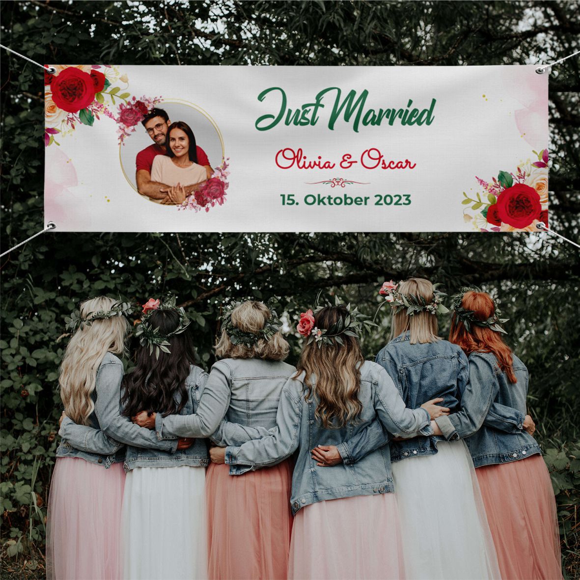 Personalisiertes Banner zur Hochzeit "Just Married" mit Foto, Namen und Datum - FOTOFOL