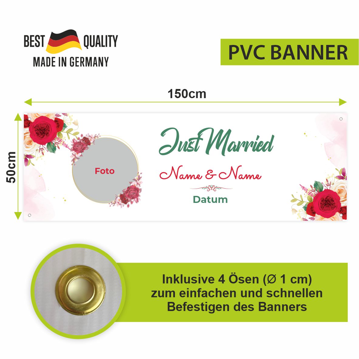 Personalisiertes Banner zur Hochzeit "Just Married" mit Foto, Namen und Datum - FOTOFOL