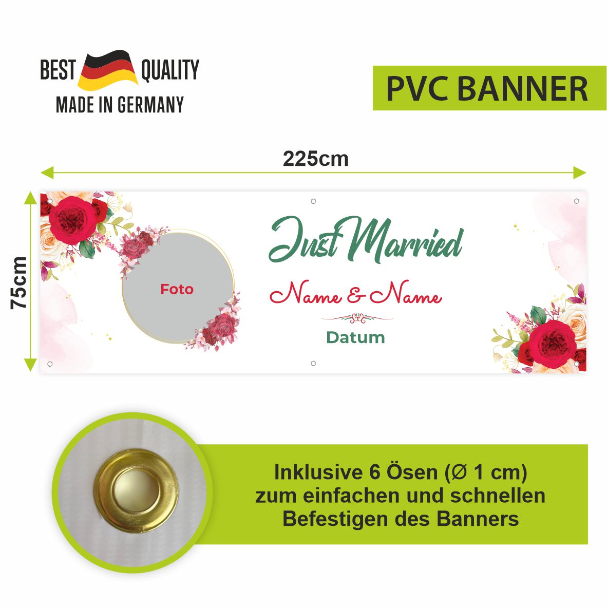 Personalisiertes Banner zur Hochzeit "Just Married" mit Foto, Namen und Datum - FOTOFOL