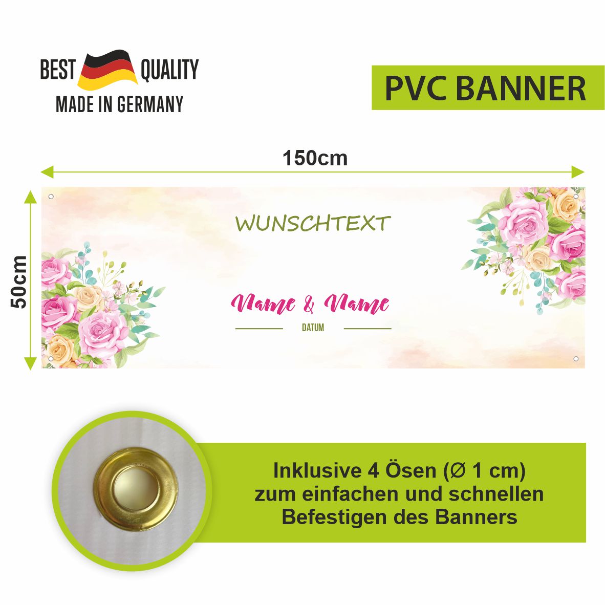 Hochzeit Banner "Pastell Rosen" - Personaliserung mit Namen, Datum und Wunschtext - FOTOFOL