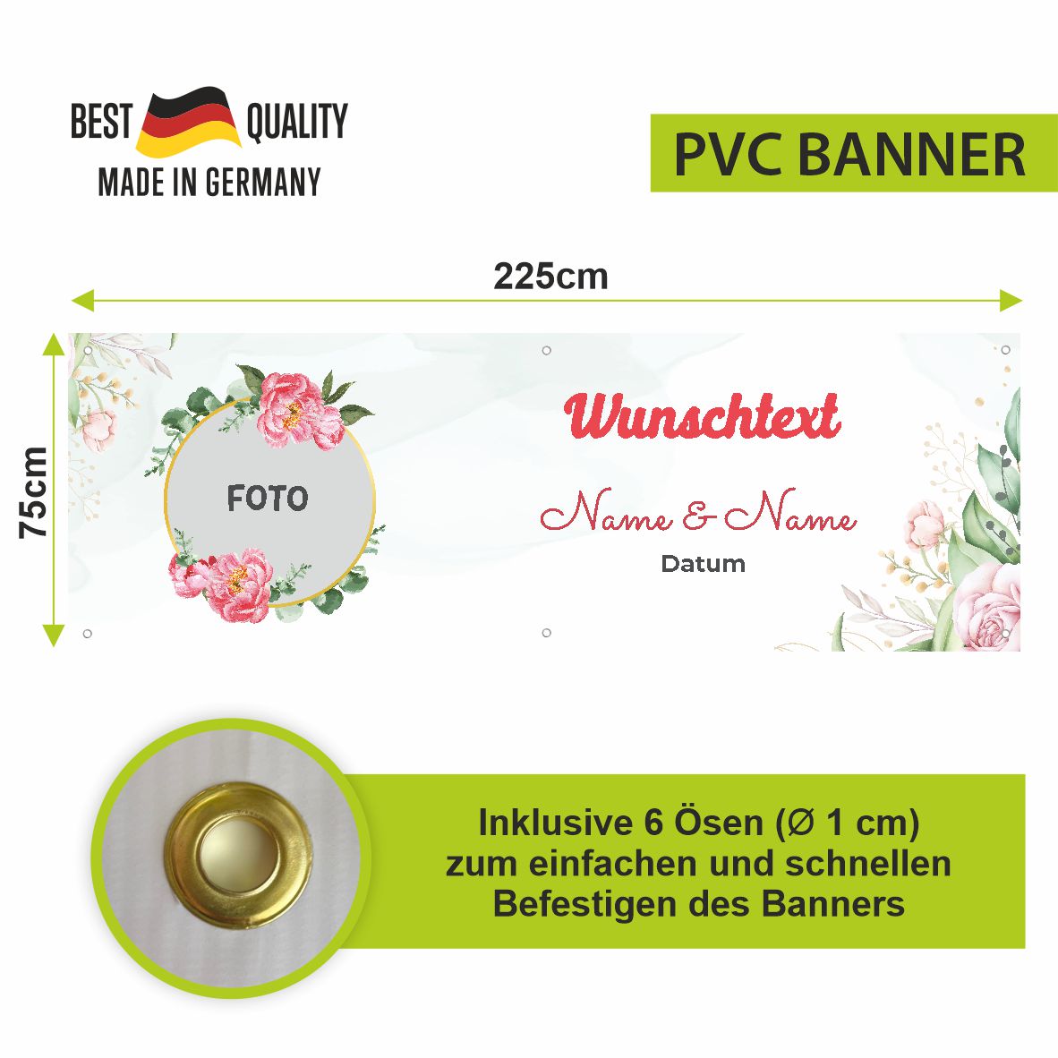 Hochzeit Banner "Rosen" mit Foto, Namen, Datum und Wunschtext - FOTOFOL