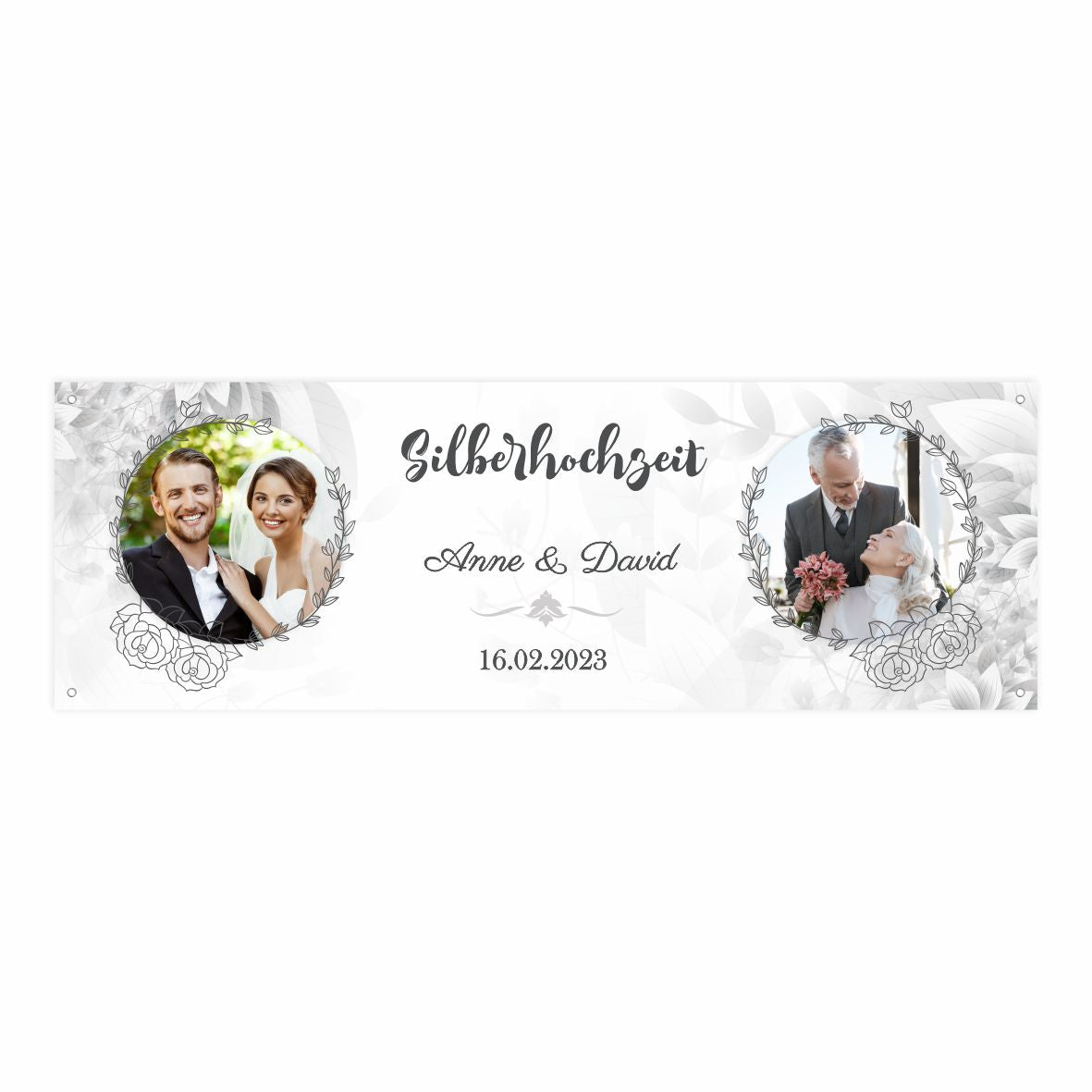 Personalisiertes Banner zur Hochzeit mit Fotos, Namen, Datum und Wunschtext - FOTOFOL