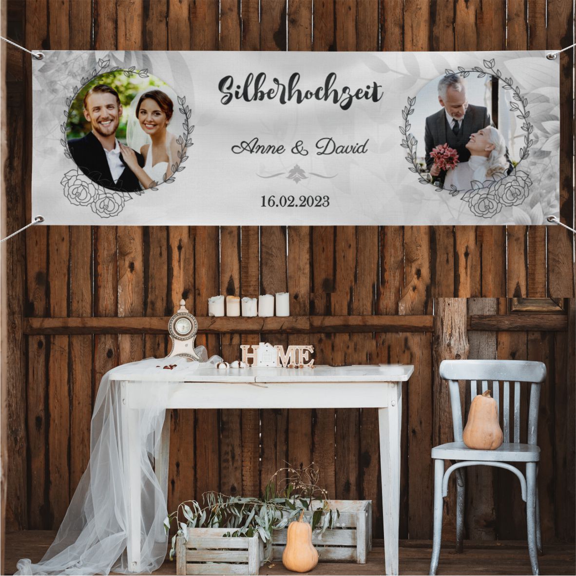 Personalisiertes Banner zur Hochzeit mit Fotos, Namen, Datum und Wunschtext - FOTOFOL