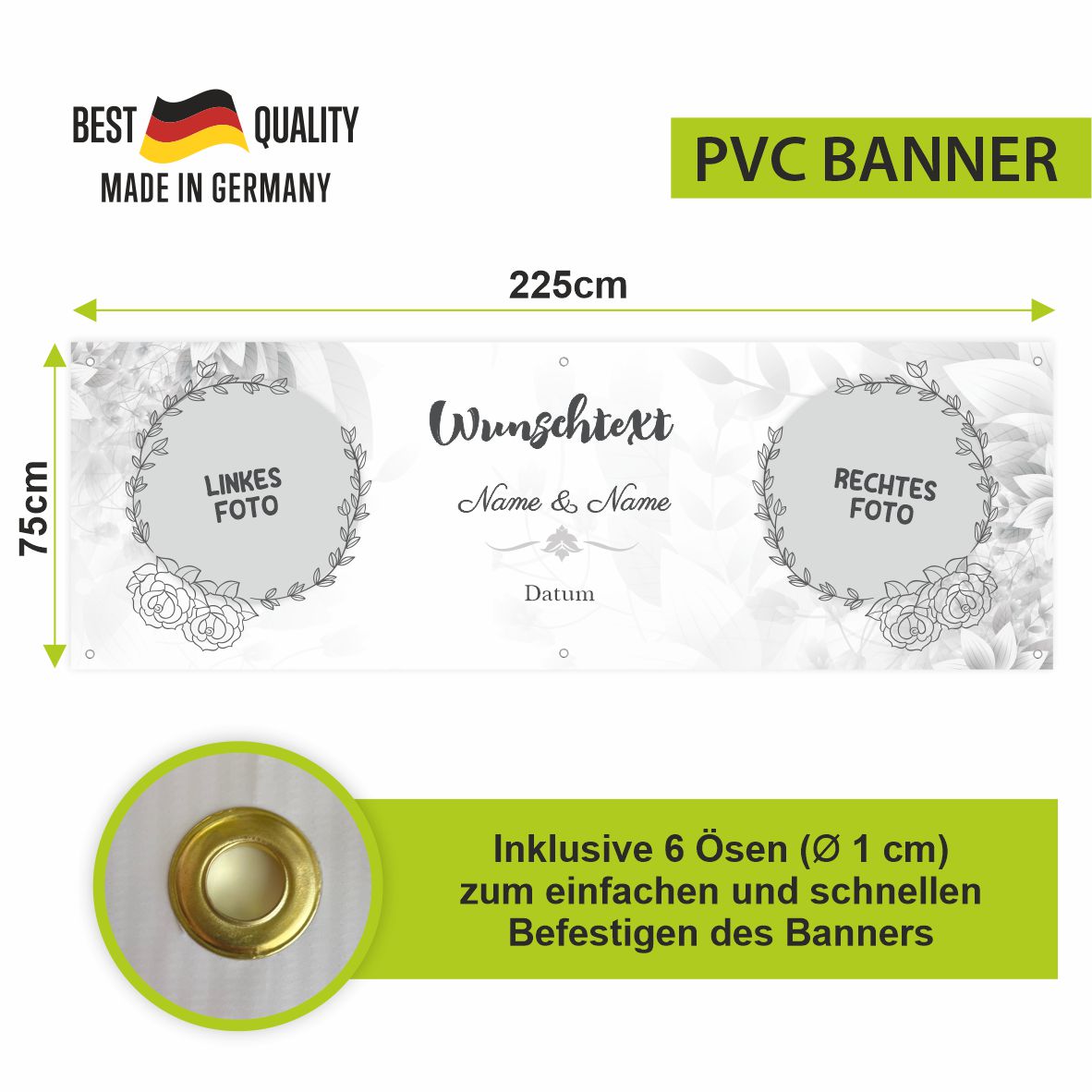 Personalisiertes Banner zur Hochzeit mit Fotos, Namen, Datum und Wunschtext - FOTOFOL