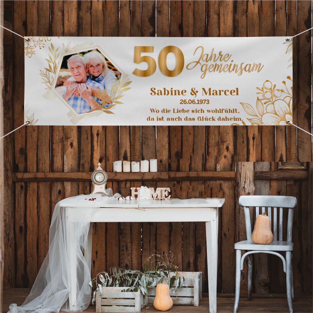 Personalisiertes Banner zur goldenen Hochzeit mit Foto und Wunschtext - 50 Jahre gemeinsam - FOTOFOL