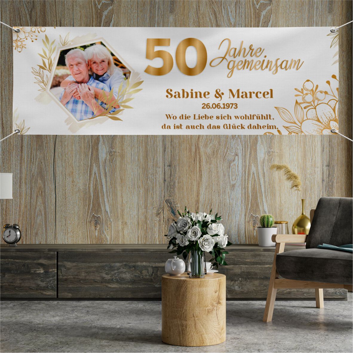 Personalisiertes Banner zur goldenen Hochzeit mit Foto und Wunschtext - 50 Jahre gemeinsam - FOTOFOL