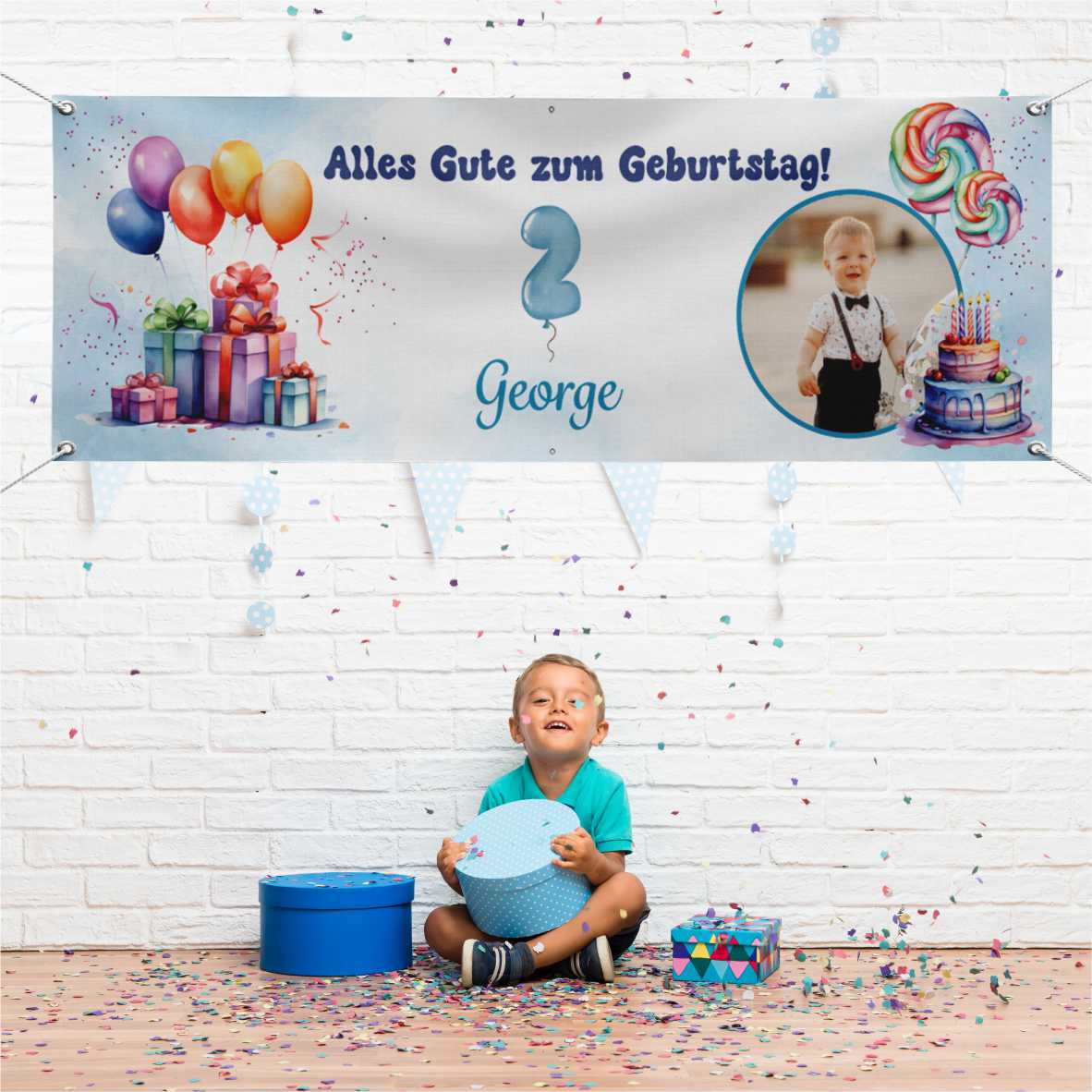Geburtstagsbanner für Jungen personalisiert mit Foto und Wunschname - FOTOFOL