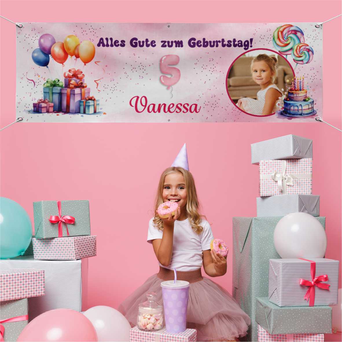 Geburtstagsbanner für Mädchen personalisiert mit Foto und Wunschname - FOTOFOL