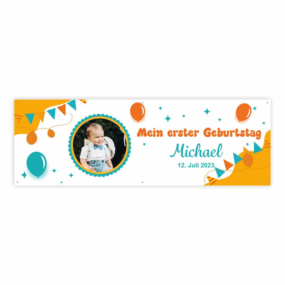 Geburtstagsbanner "Mein erster Geburtstag" für Jungen personalisiert mit Foto und Wunschname - FOTOFOL