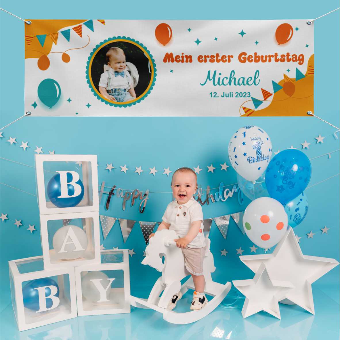 Geburtstagsbanner "Mein erster Geburtstag" für Jungen personalisiert mit Foto und Wunschname - FOTOFOL