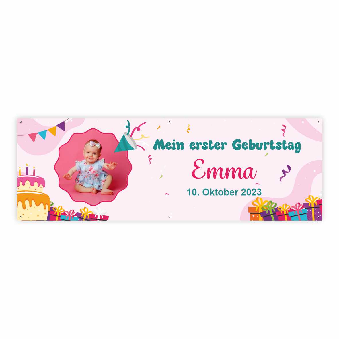 Geburtstagsbanner "Mein erster Geburtstag" für Mädchen personalisiert mit Foto und Wunschname - FOTOFOL