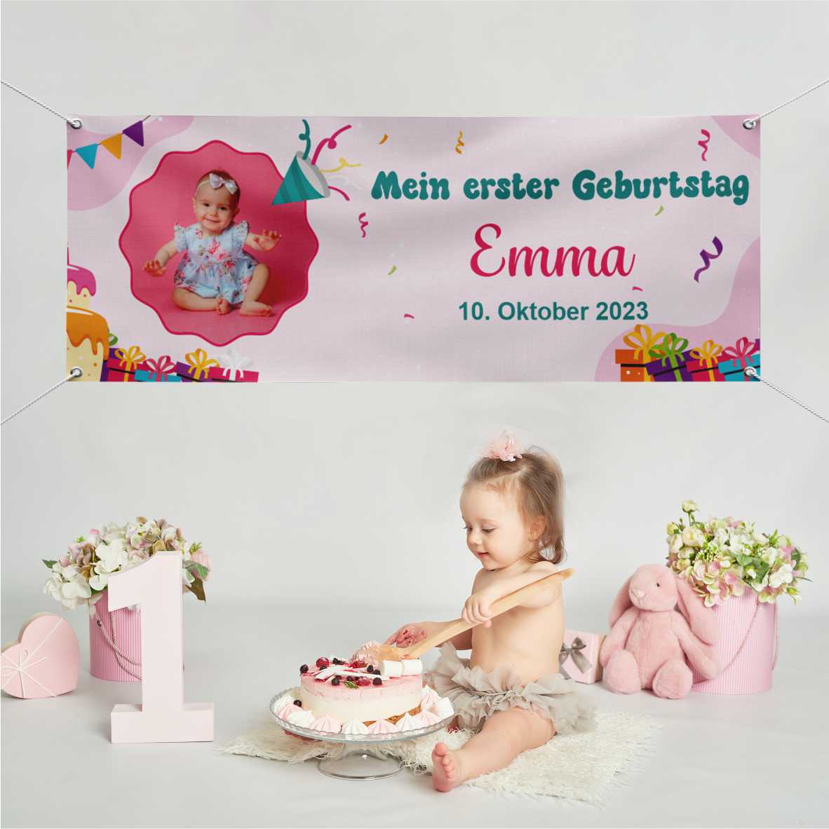 Geburtstagsbanner "Mein erster Geburtstag" für Mädchen personalisiert mit Foto und Wunschname - FOTOFOL