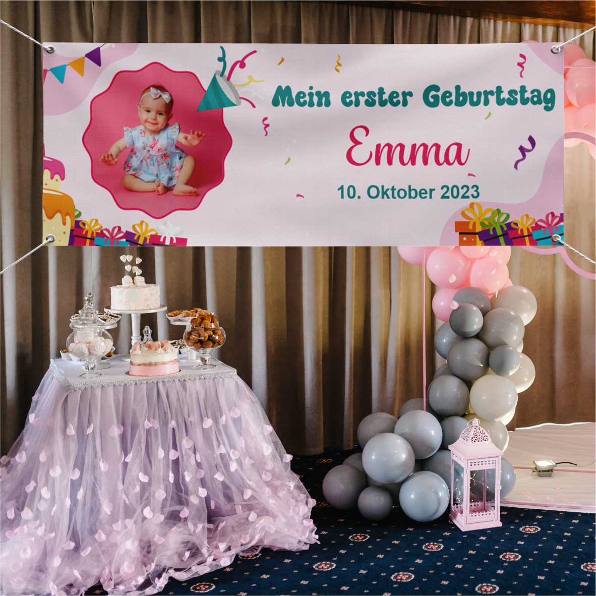 Geburtstagsbanner "Mein erster Geburtstag" für Mädchen personalisiert mit Foto und Wunschname - FOTOFOL