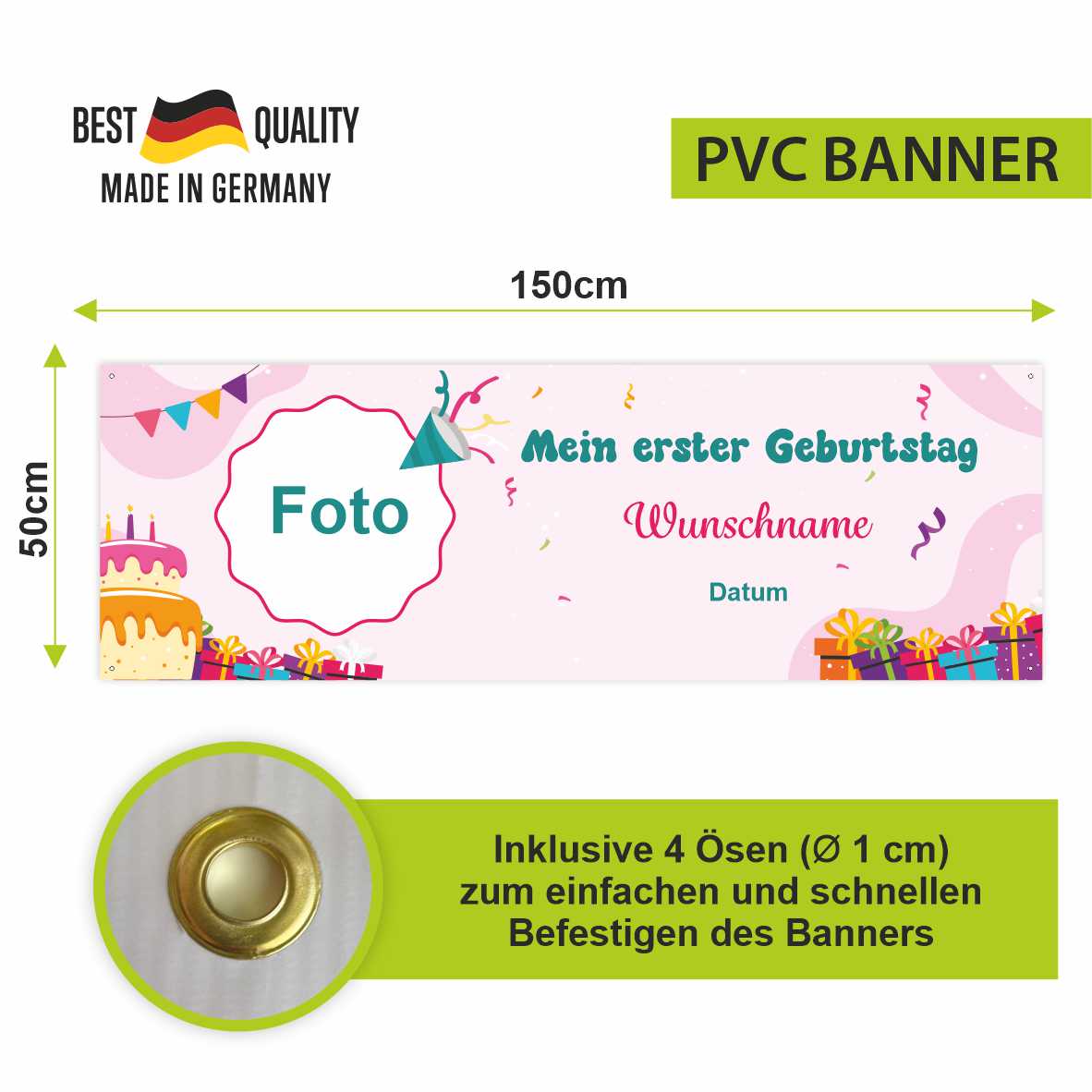 Geburtstagsbanner "Mein erster Geburtstag" für Mädchen personalisiert mit Foto und Wunschname - FOTOFOL
