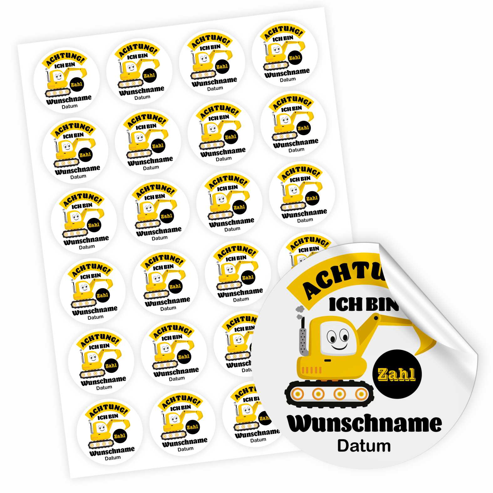 Geburtstag Aufkleber "Bulldozer" Kinder Wunschname - 24 Stück - 4,5cm - FOTOFOL