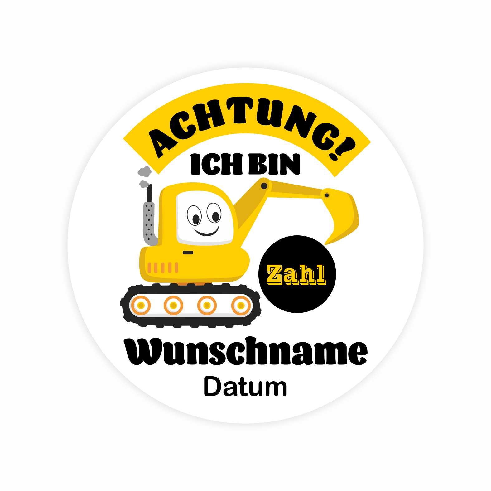 Geburtstag Aufkleber "Bulldozer" Kinder Wunschname - 24 Stück - 4,5cm - FOTOFOL
