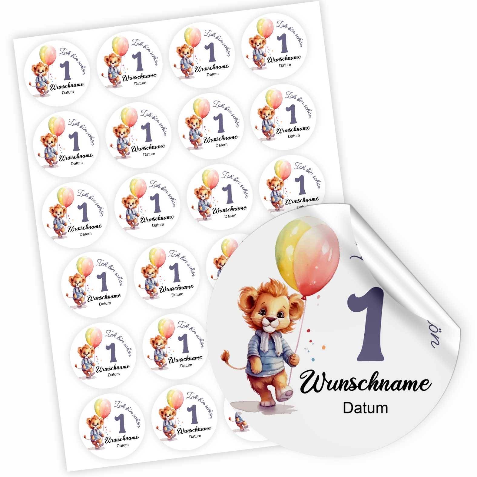 Geburtstag Aufkleber "Löwe" Personalisierte Sticker - 24 Stück - 4,5cm - FOTOFOL