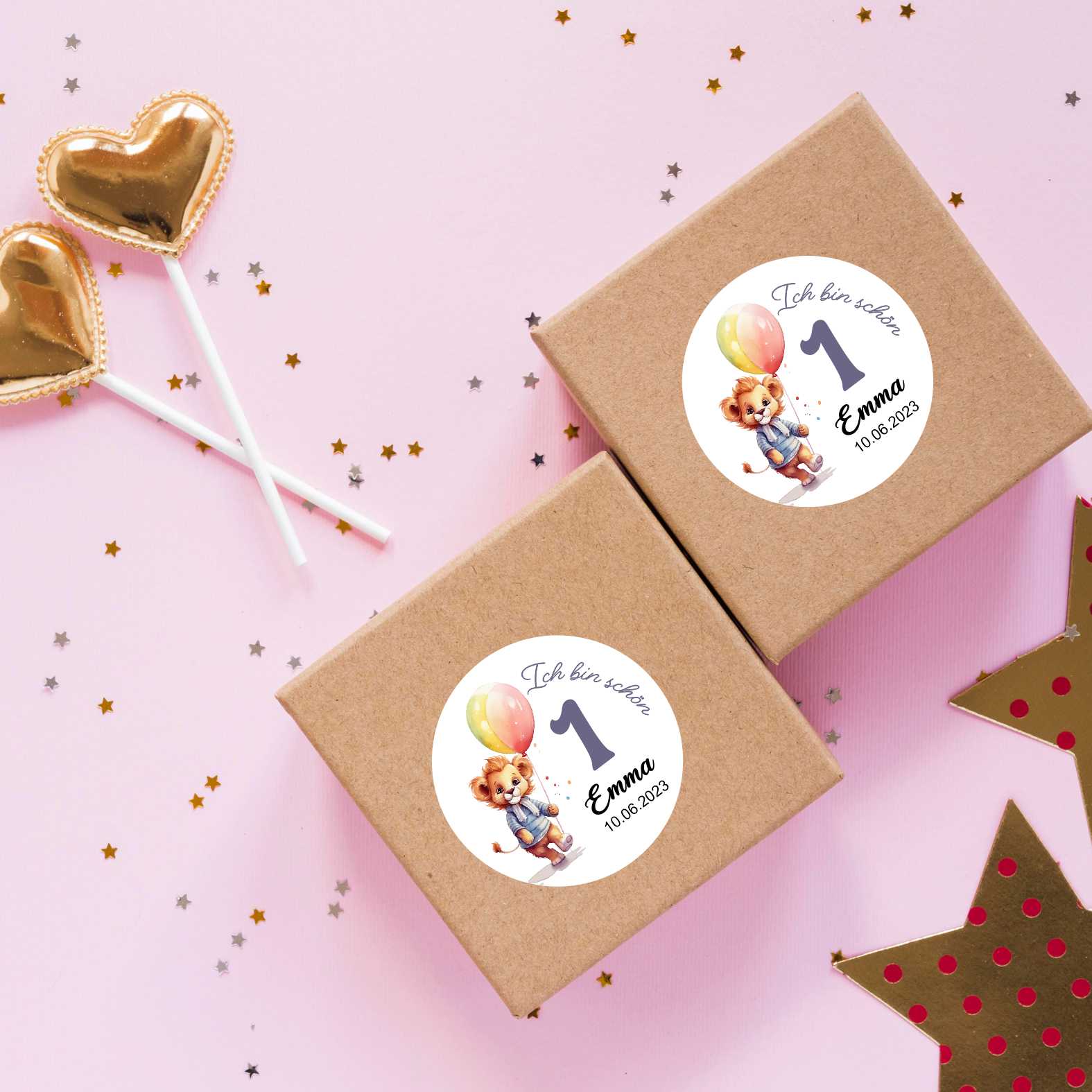 Geburtstag Aufkleber "Löwe" Personalisierte Sticker - 24 Stück - 4,5cm - FOTOFOL