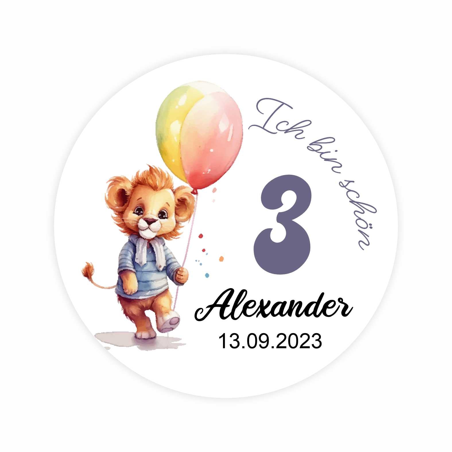Geburtstag Aufkleber "Löwe" Personalisierte Sticker - 24 Stück - 4,5cm - FOTOFOL
