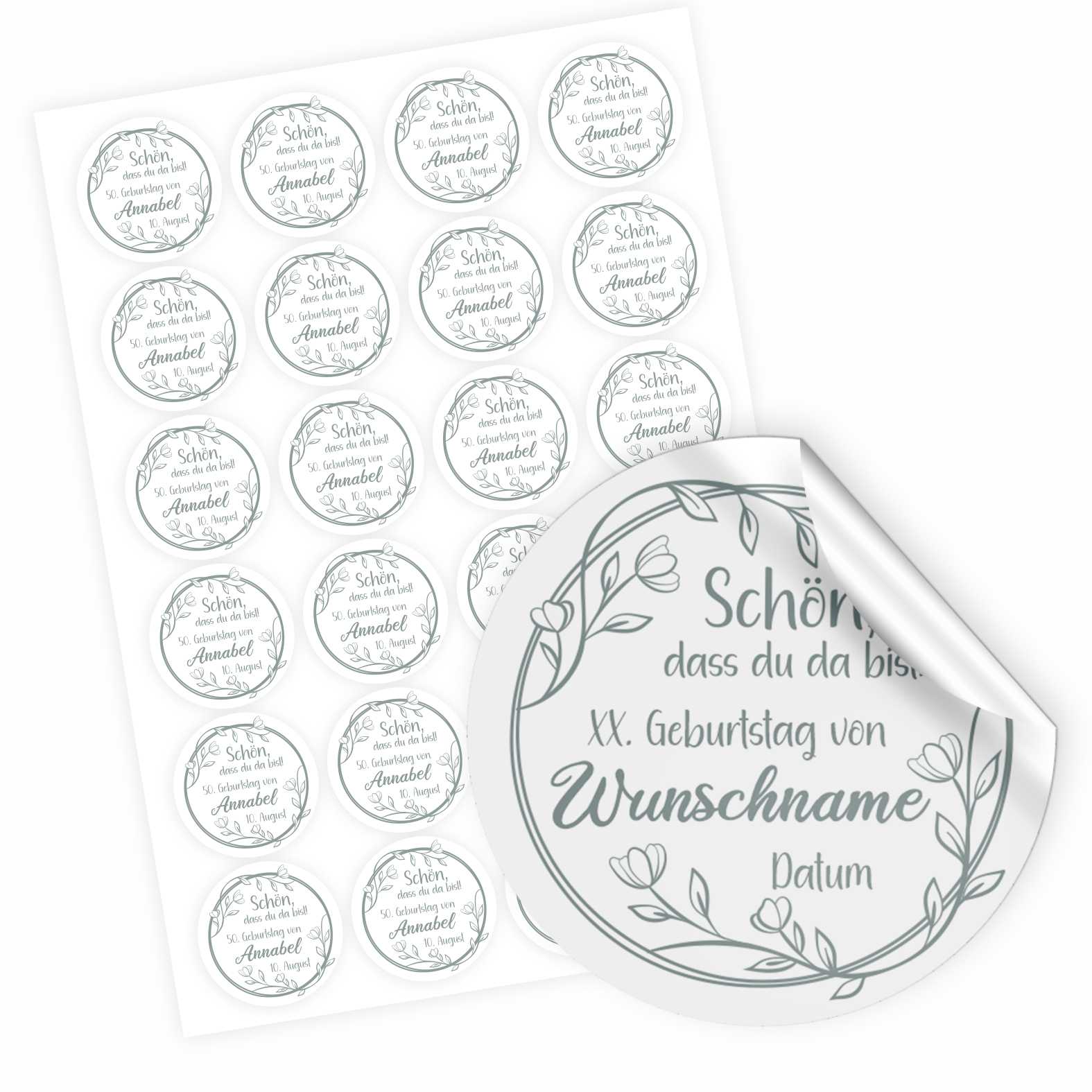 Personalisierte Aufkleber "Blumenzweig"- 24 Stück - 4,5cm - FOTOFOL