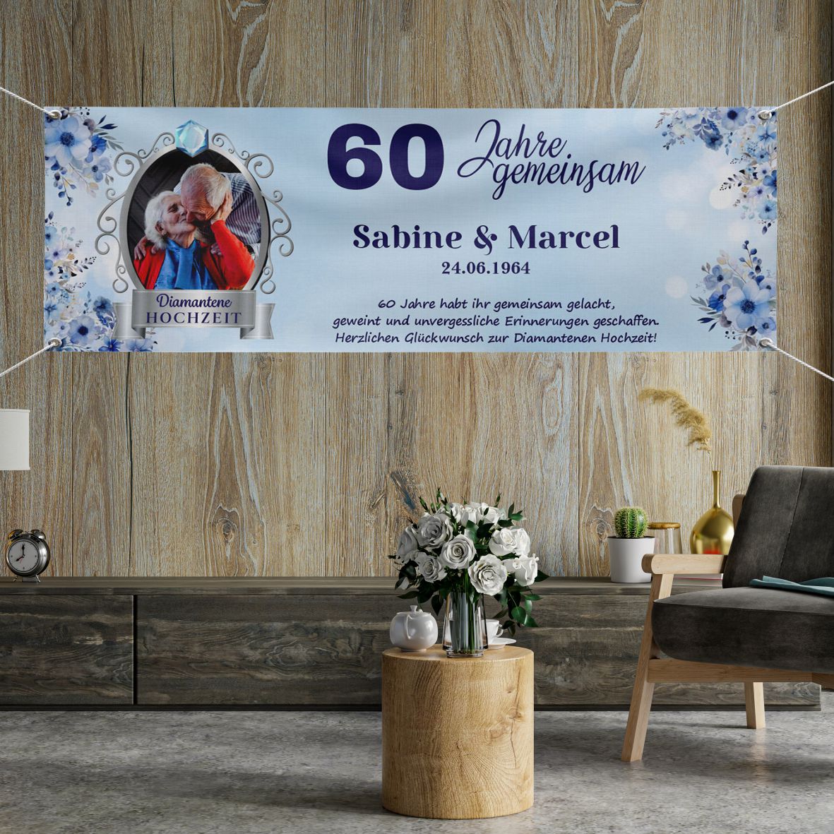 Personalisiertes Banner zur diamantenen Hochzeit mit Foto und Wunschtext - 60 Jahre gemeinsam - FOTOFOL