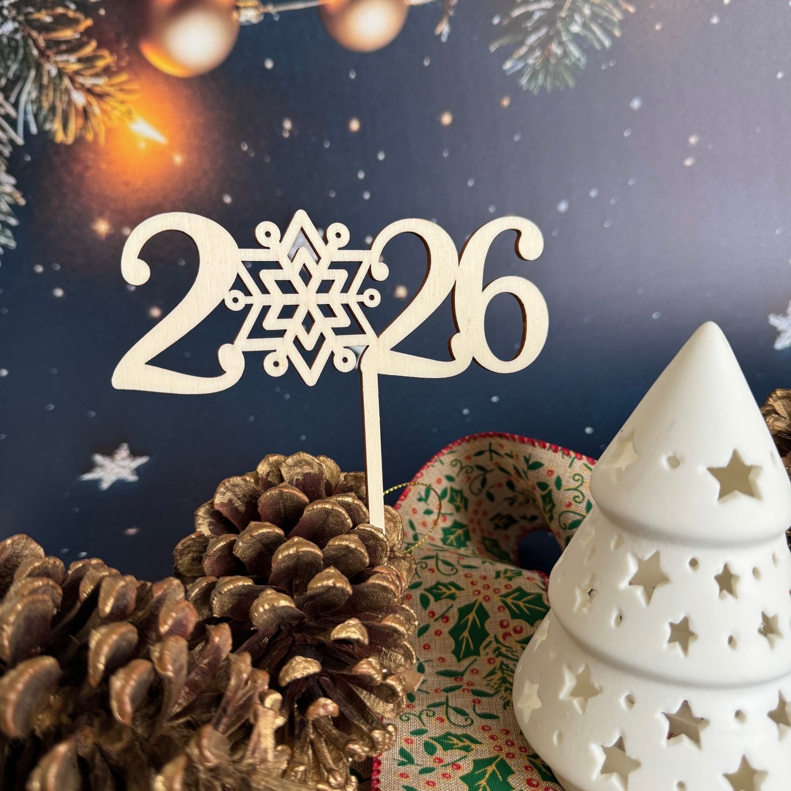 FOTOFOL - CAKE TOPPER 2026 aus Holz - Tortendeko Kuchendeko - Silvester - Torten-stecker
