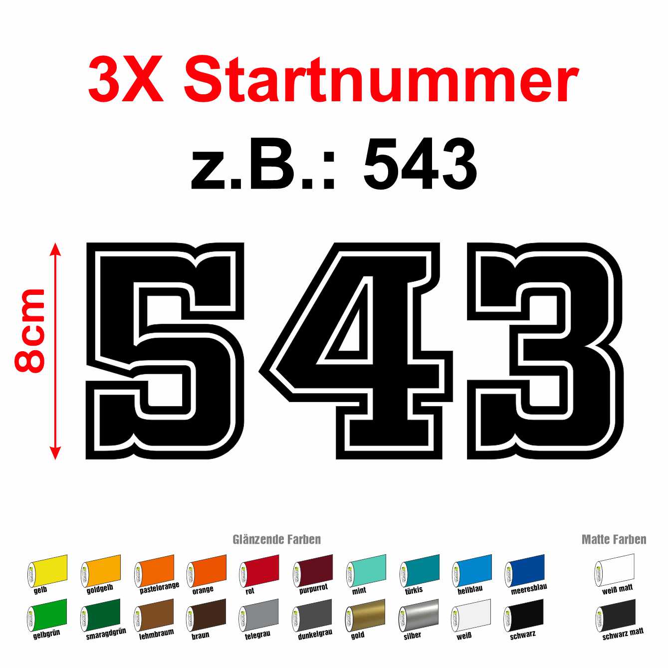 Aufkleber 3x STARTNUMMER - 8cm hoch - Wunschnummer - Motocross, Auto, Enduro, Motorrad - FOTOFOL