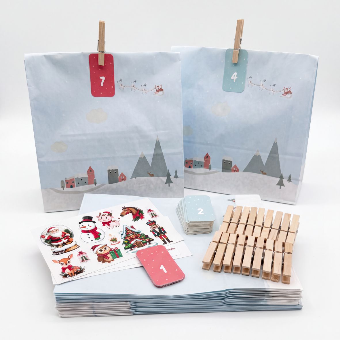 Adventskalender Tüten zum Befüllen – 24 Geschenktüten mit Zahlen & Klammern – Set L, 27 x 33 x 10 cm