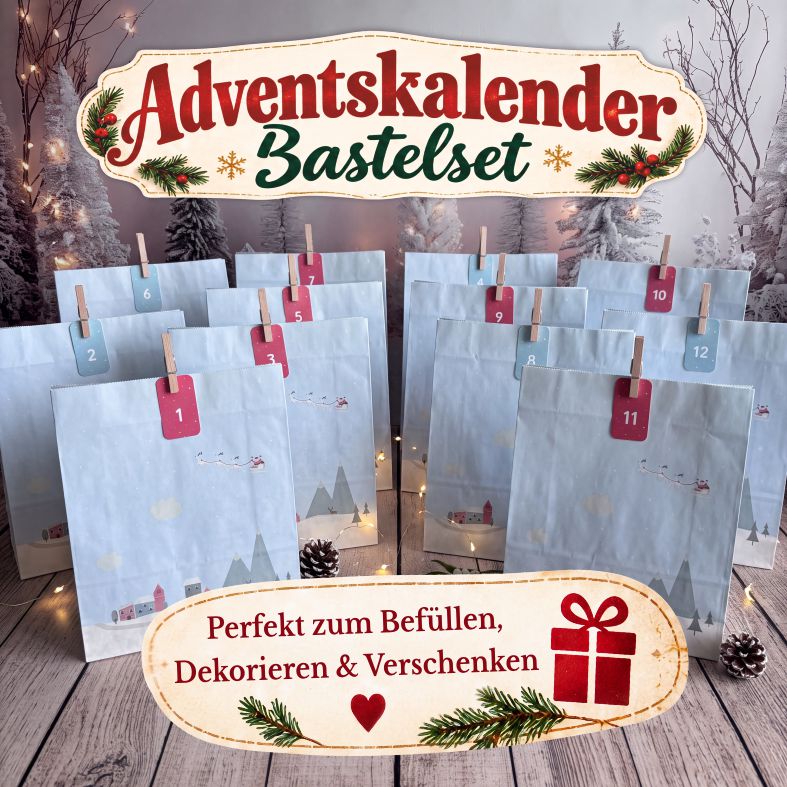 Adventskalender Tüten zum Befüllen – 24 Geschenktüten mit Zahlen & Klammern – Set L, 27 x 33 x 10 cm