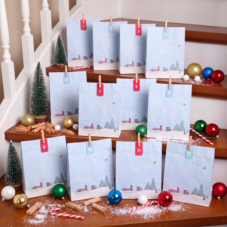 Adventskalender Tüten zum Befüllen – 24 Geschenktüten mit Zahlen & Klammern – Set L, 27 x 33 x 10 cm