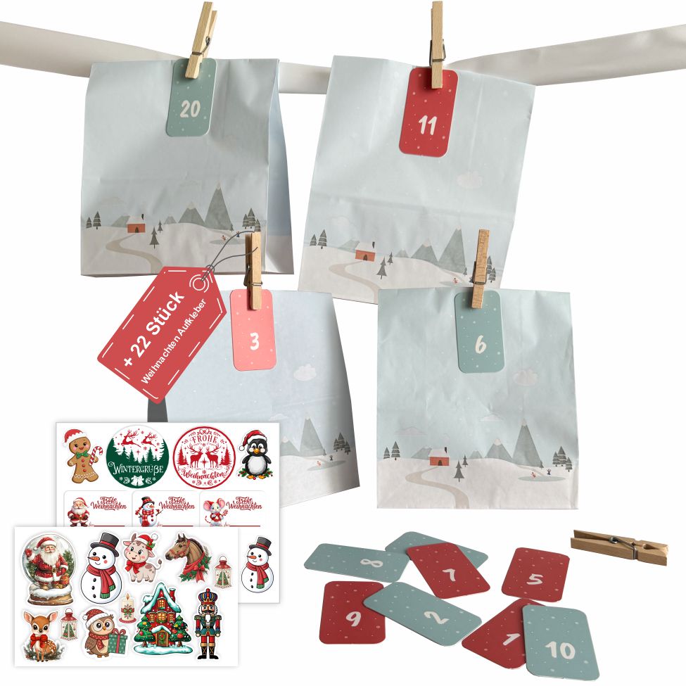 Adventskalender Set M – 24 Geschenktüten 18 x 23 x 9 cm mit Zahlen & Klammern - FOTOFOL