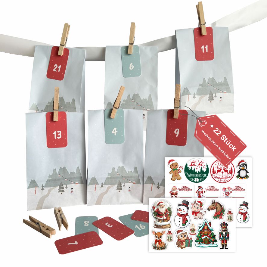 Adventskalender Set S – 24 Geschenktüten 12 x 22 x 6 cm mit Zahlen & Klammern - FOTOFOL