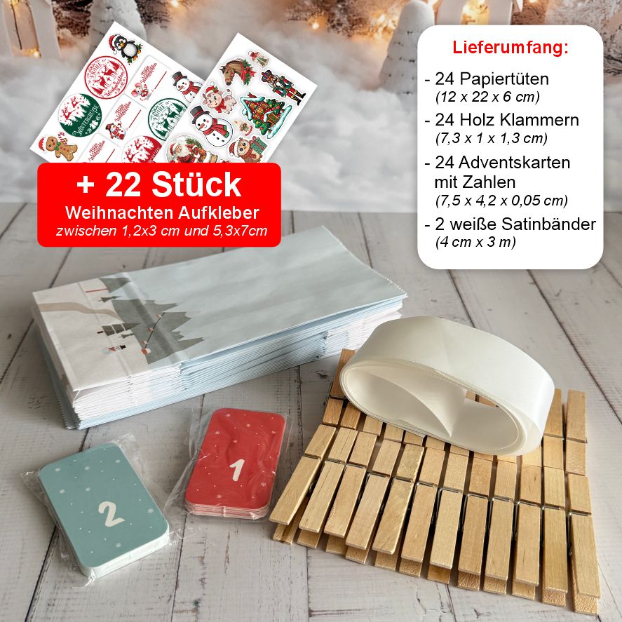 Adventskalender Set S – 24 Geschenktüten 12 x 22 x 6 cm mit Zahlen & Klammern - FOTOFOL