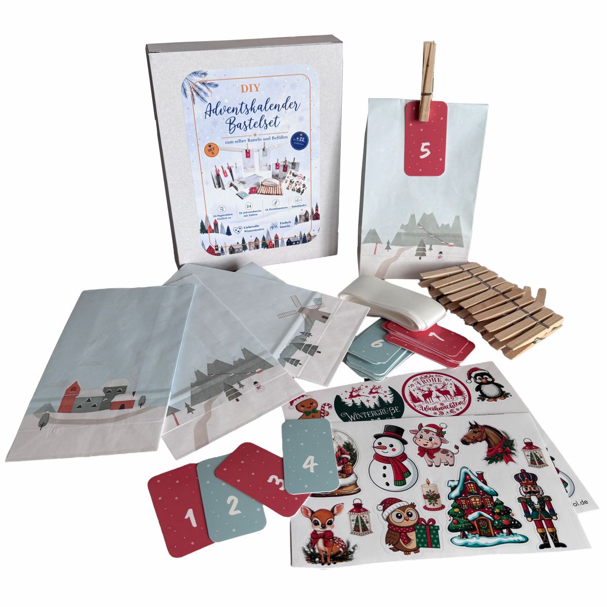 Adventskalender Set S – 24 Geschenktüten 12 x 22 x 6 cm mit Zahlen & Klammern