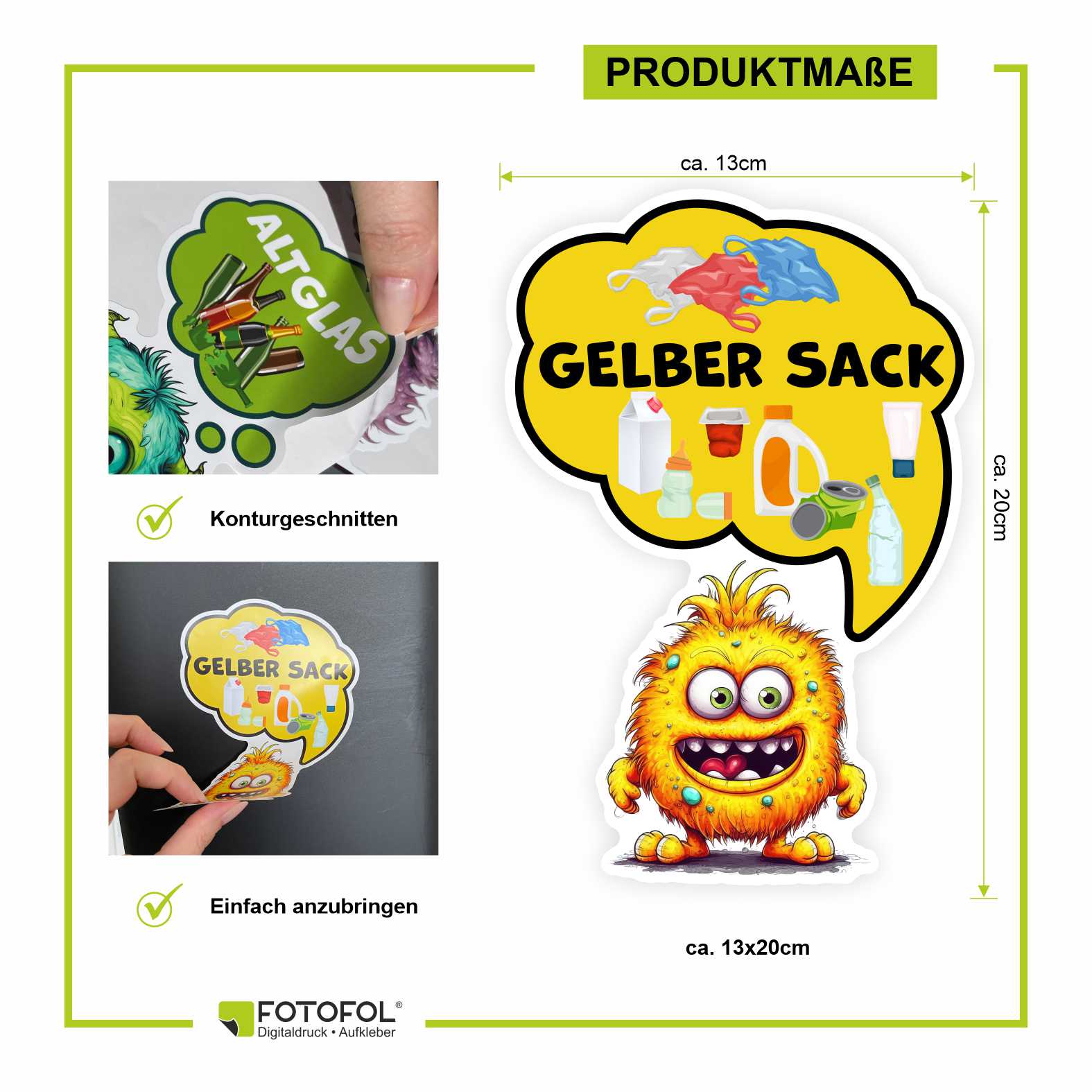 Lustige Aufkleber Monster Set Mülltrennung - Gelber Sack, Altglas, Altpapier, Restmüll, Biomüll- für Innen - FOTOFOL
