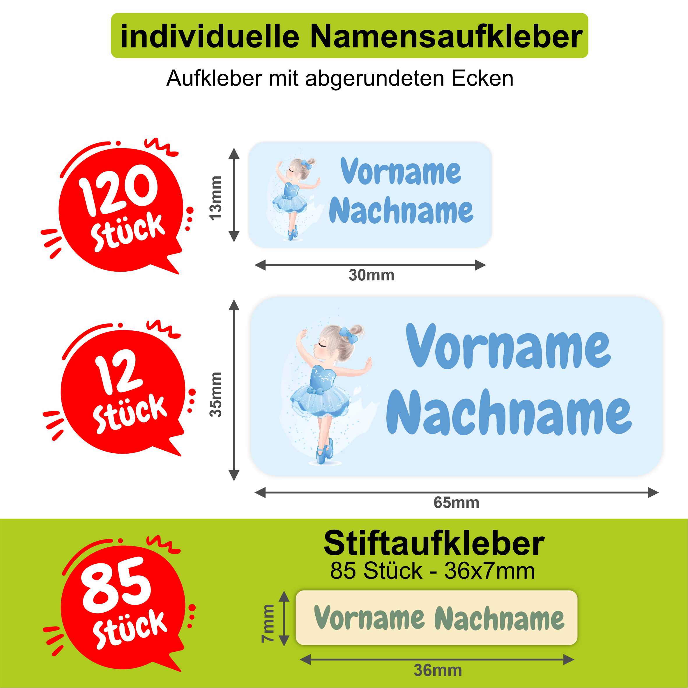 Namensaufkleber Set - personalisiert mit Wunschname für Stifte und alle Schulsachen - Ballerinen - FOTOFOL