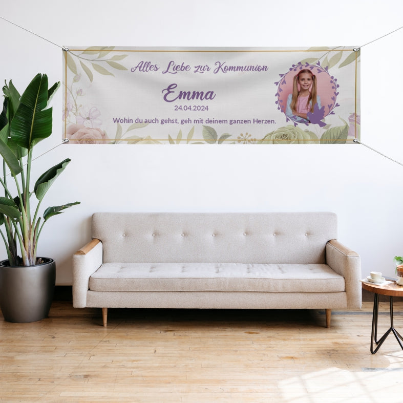 Taufe / Kommunion Banner personalisiert mit Foto und Wunschname - Lila - FOTOFOL