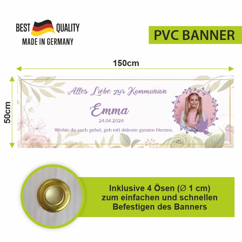 Taufe / Kommunion Banner personalisiert mit Foto und Wunschname - Lila - FOTOFOL