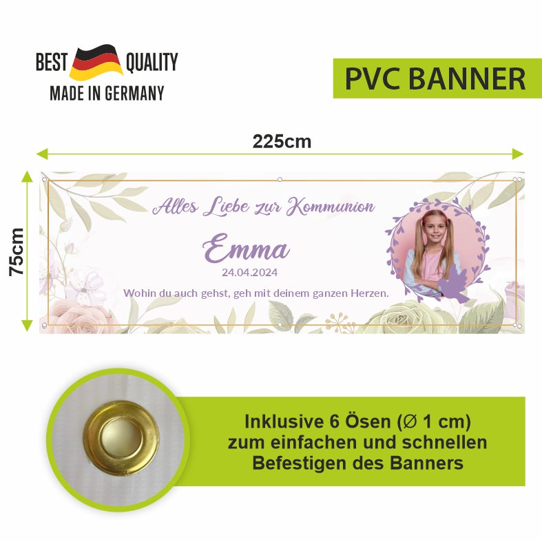Taufe / Kommunion Banner personalisiert mit Foto und Wunschname - Lila - FOTOFOL