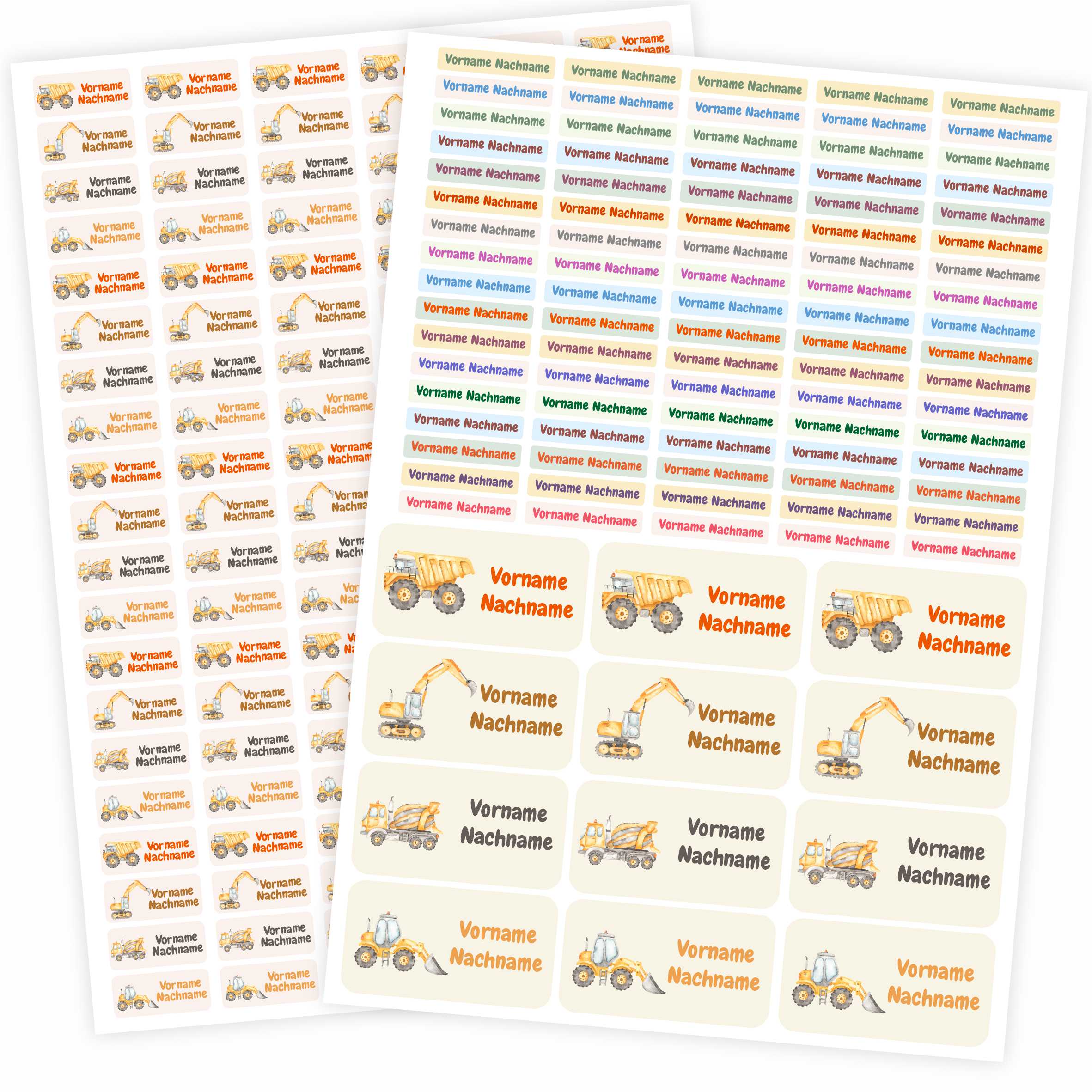Namensaufkleber Set - personalisiert mit Wunschname für Stifte und alle Schulsachen - Baumaschinen - FOTOFOL