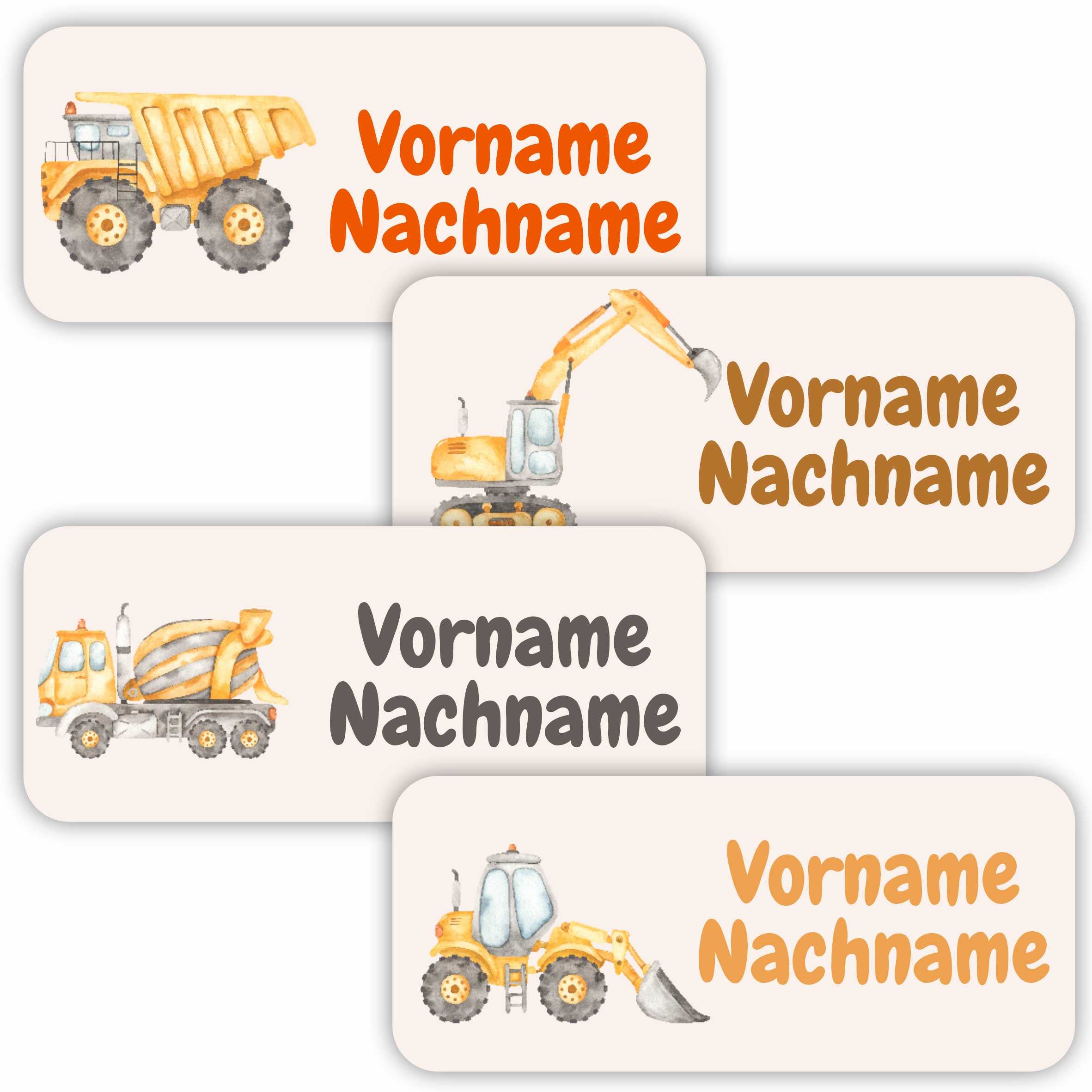 Namensaufkleber Set - personalisiert mit Wunschname für Stifte und alle Schulsachen - Baumaschinen - FOTOFOL