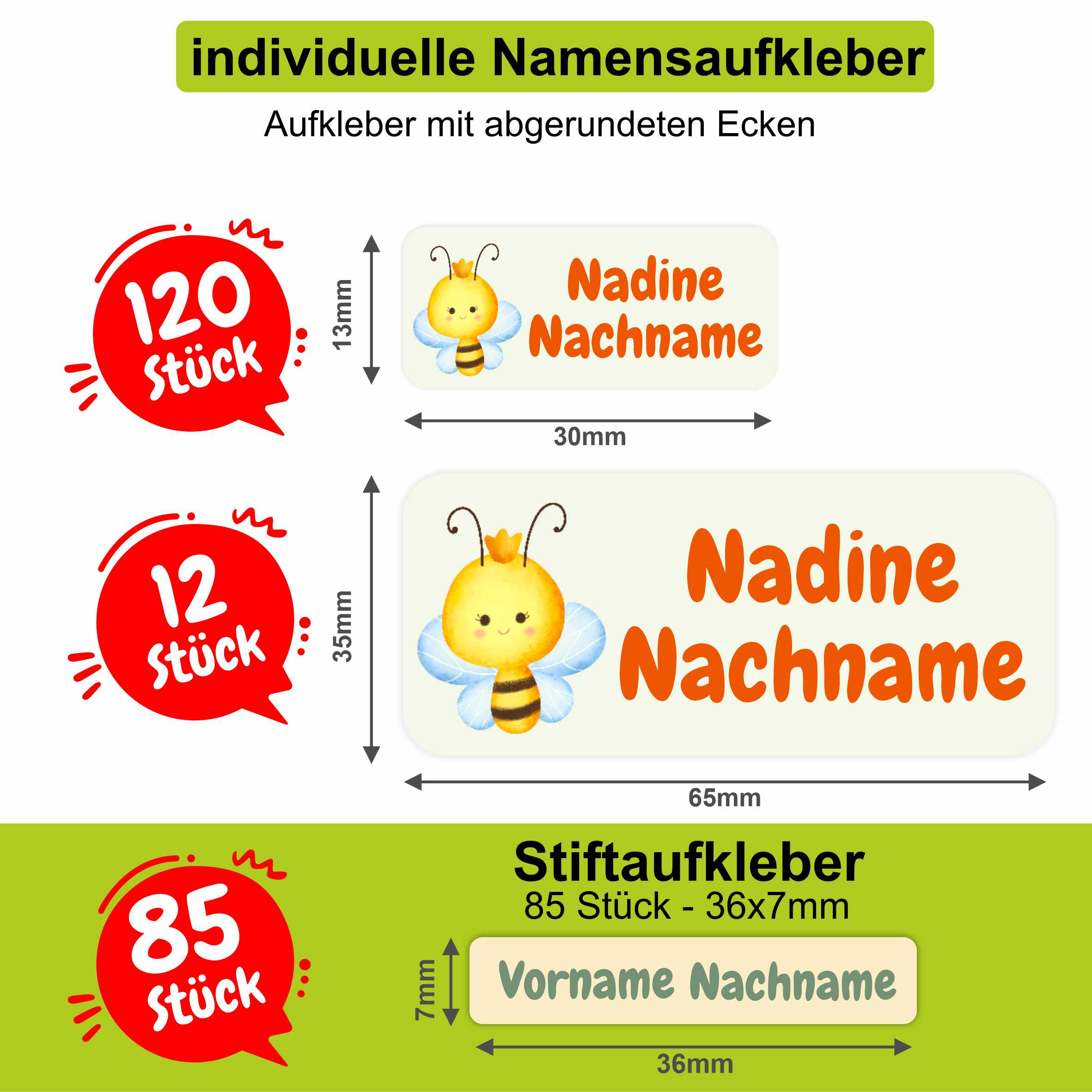 Namensaufkleber Set - personalisiert mit Wunschname für Stifte und alle Schulsachen - Bienen - FOTOFOL