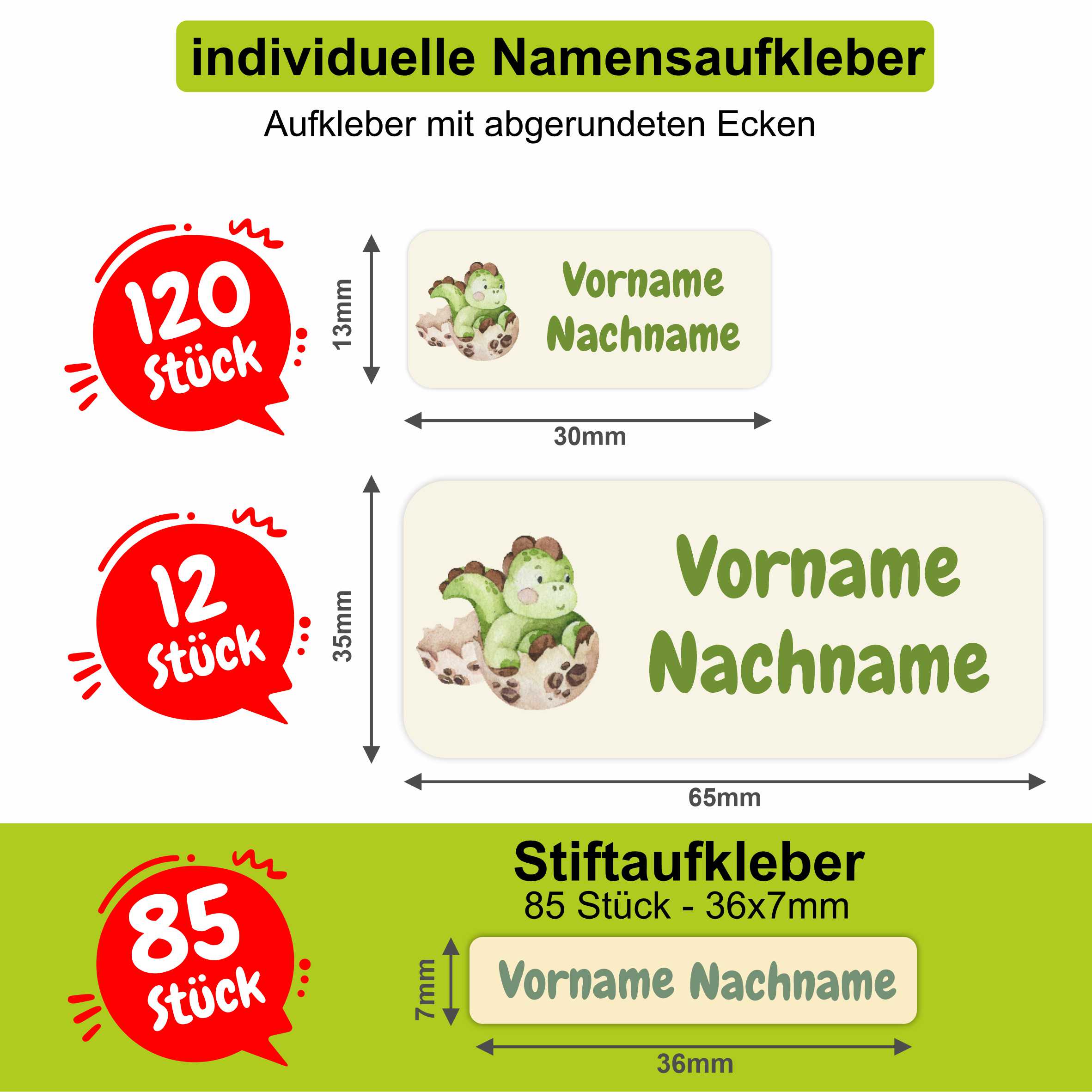 Namensaufkleber Set - personalisiert mit Wunschname für Stifte und alle Schulsachen - Dinosaurier - FOTOFOL
