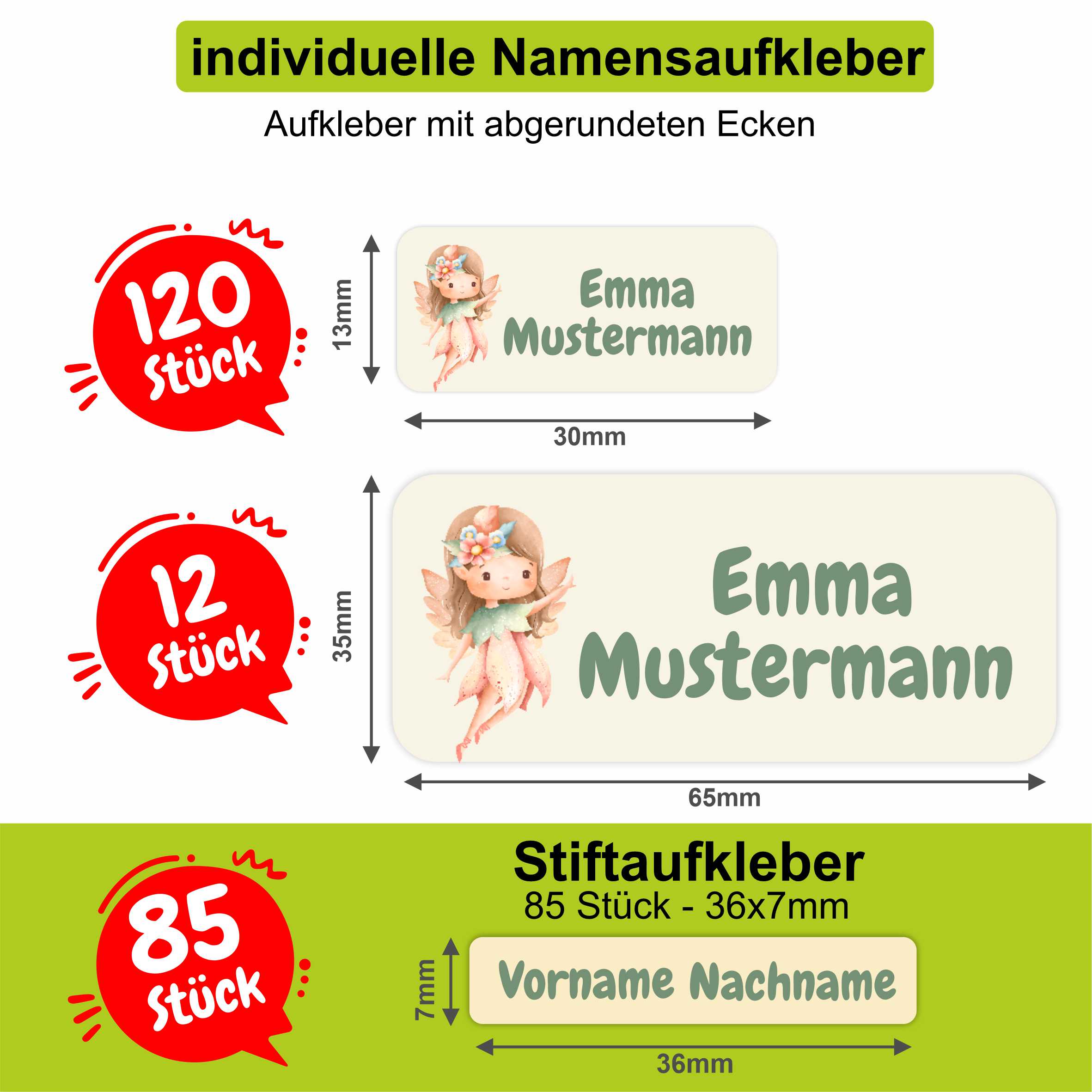 Namensaufkleber Set - personalisiert mit Wunschname für Stifte und alle Schulsachen - Feen - FOTOFOL