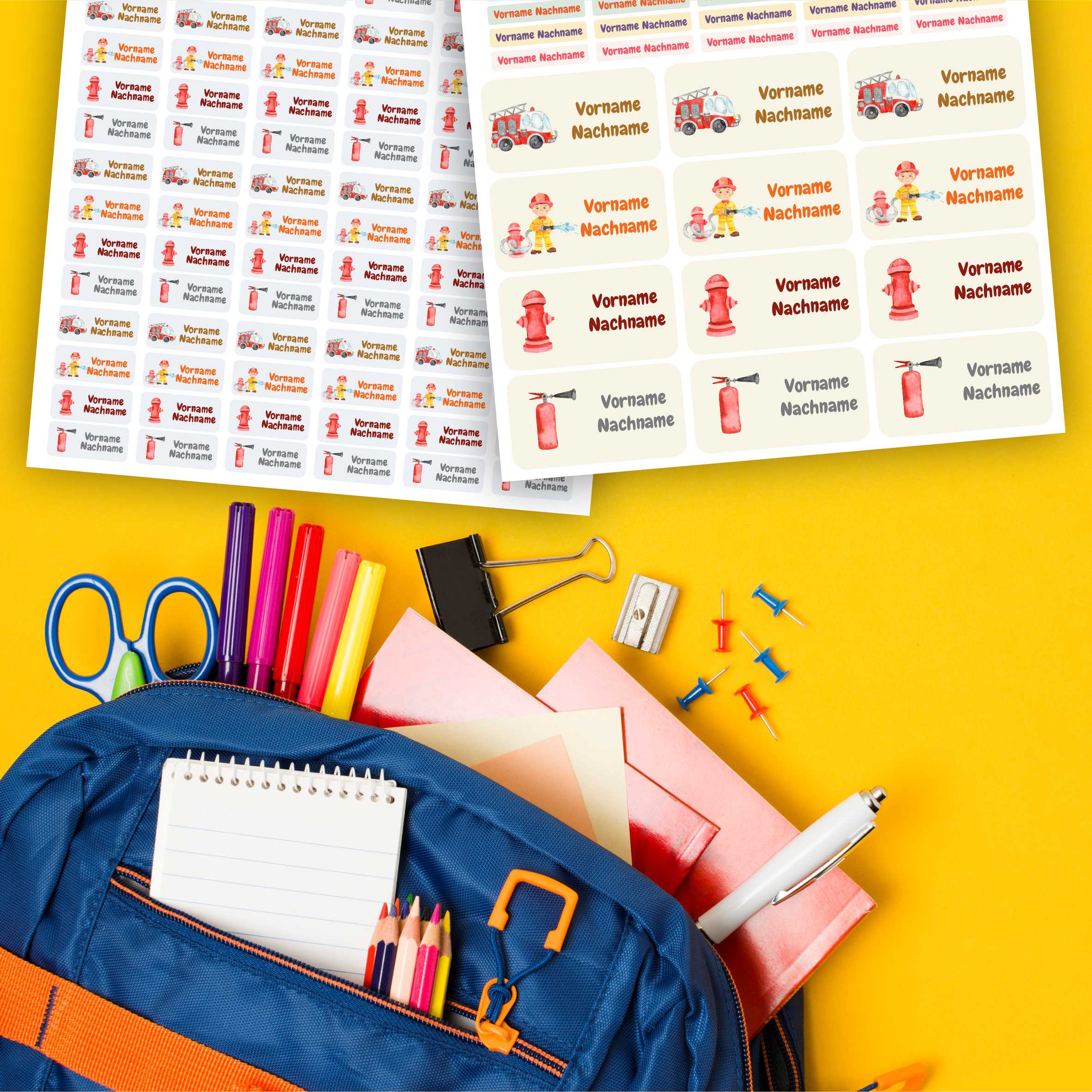 Namensaufkleber Set - personalisiert mit Wunschname für Stifte und alle Schulsachen - Feuerwehr - FOTOFOL