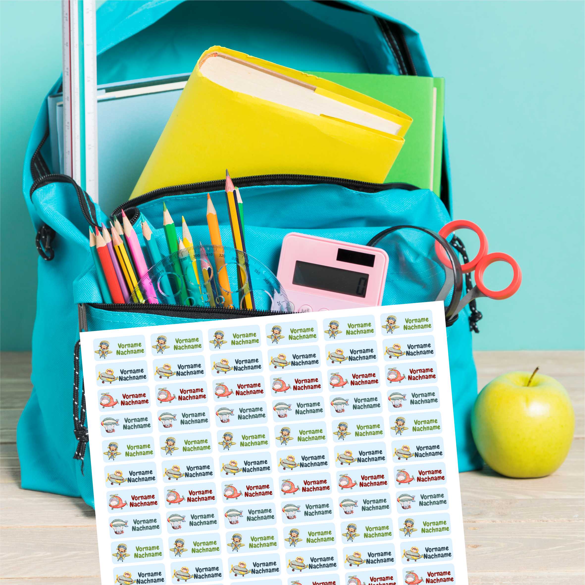 Namensaufkleber Set - personalisiert mit Wunschname für Stifte und alle Schulsachen - Flugzeuge - FOTOFOL
