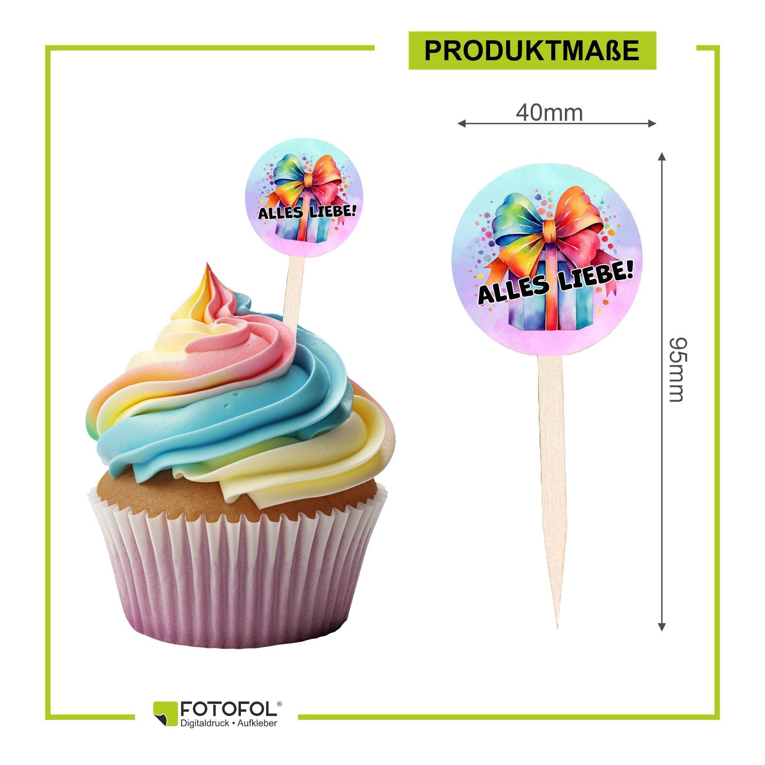 Cupcake Stecker 12er Set aus Holz mit Aufklebern - FOTOFOL