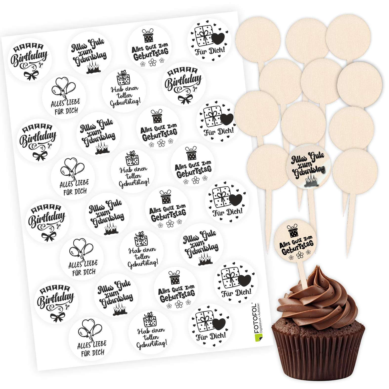 Cupcake Stecker 12er Set aus Holz mit Aufklebern - FOTOFOL