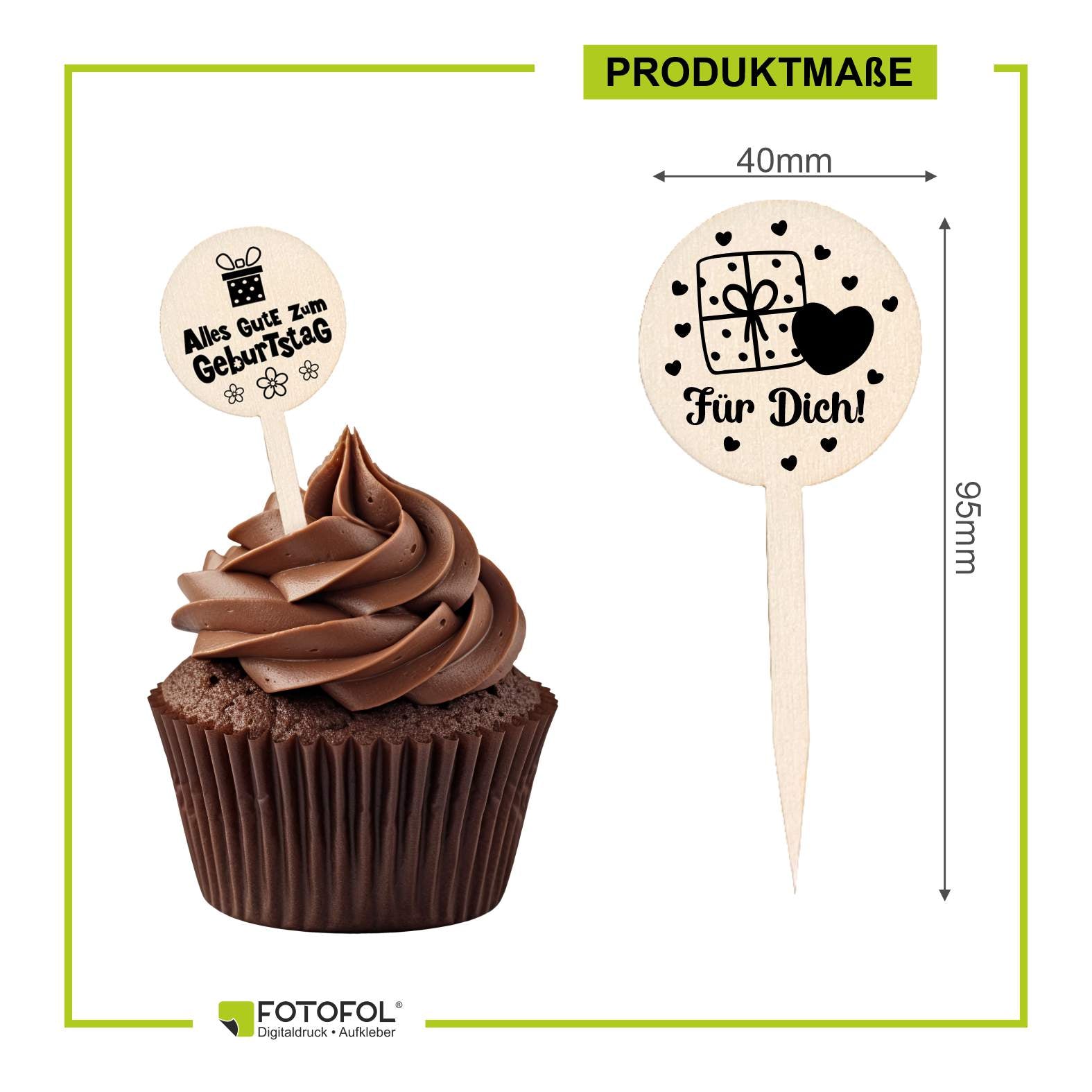 Cupcake Stecker 12er Set aus Holz mit Aufklebern - FOTOFOL