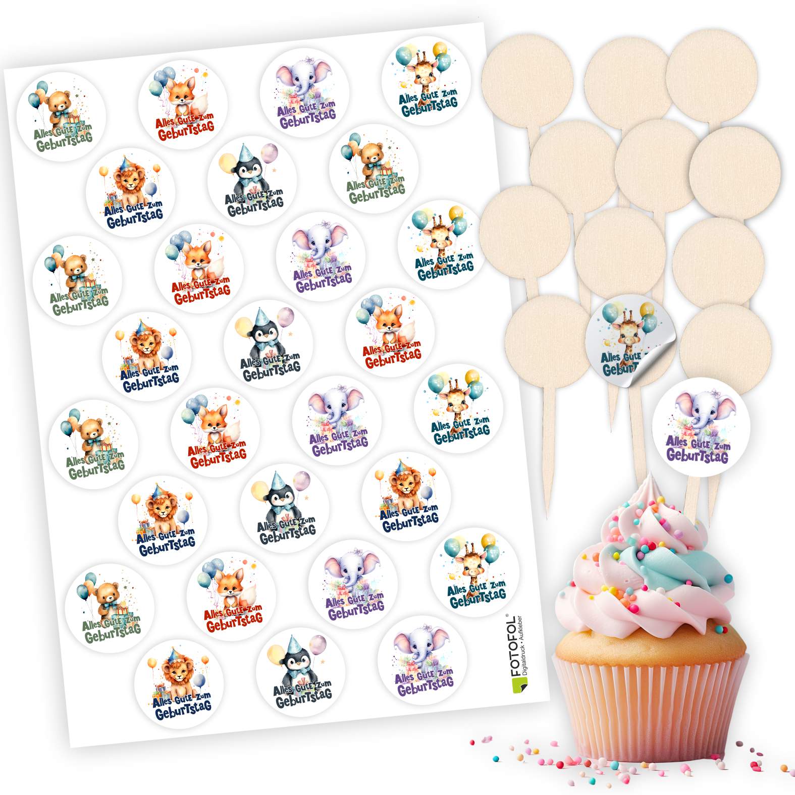 Cupcake Stecker 12er Set aus Holz mit Aufklebern - FOTOFOL